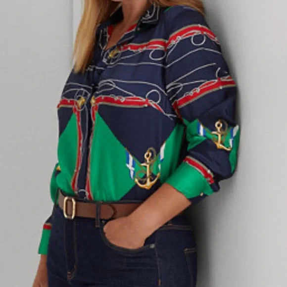 Lauren Ralph Lauren Navy and Green Blouse - Picture 7 of 7